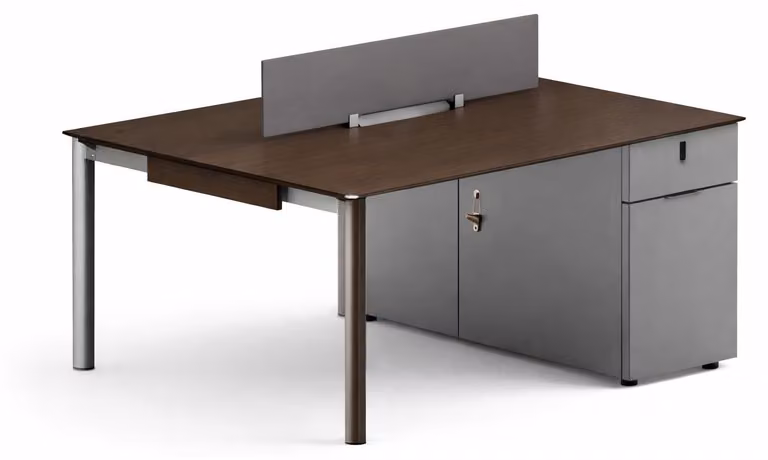 Moderna scrivania da ufficio con piano in legno e divisorio per lavorare in modo efficiente