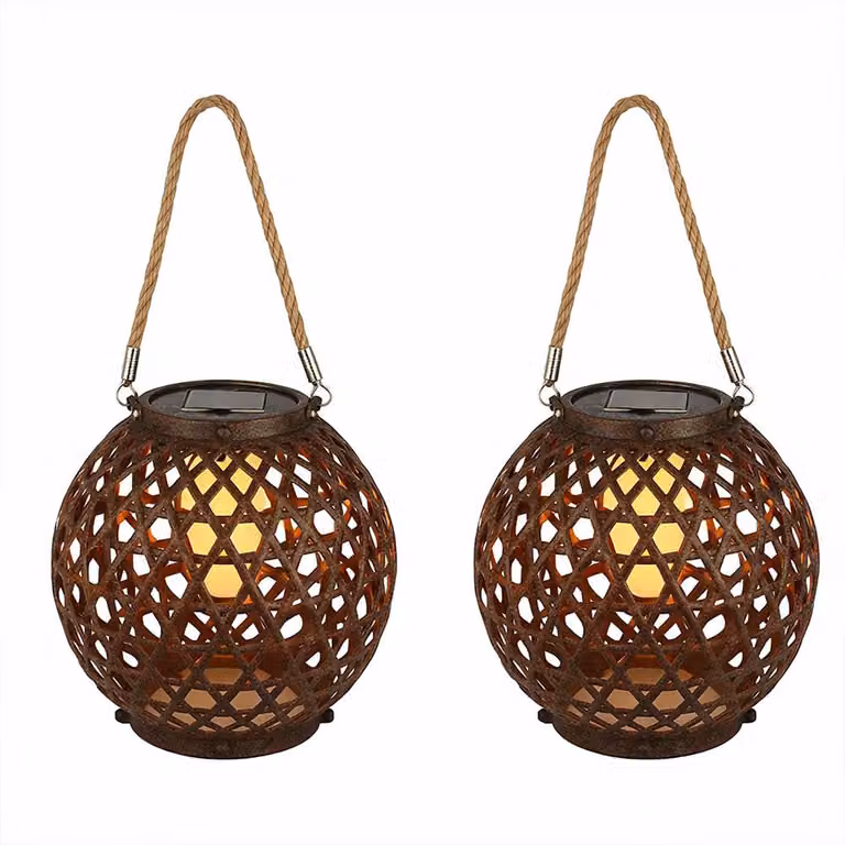 2 lampade solari a LED, forma sferica, effetto fiamma, lanterna, altezza 36 cm