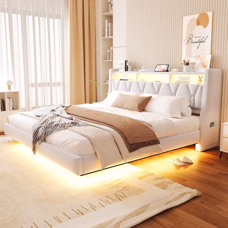 Letto imbottito Merax 180x200 cm con illuminazione a LED e design sospeso, letto matrimoniale con testiera ribaltabile e vano portaoggetti, letto in velluto con connettore Type-C, beige