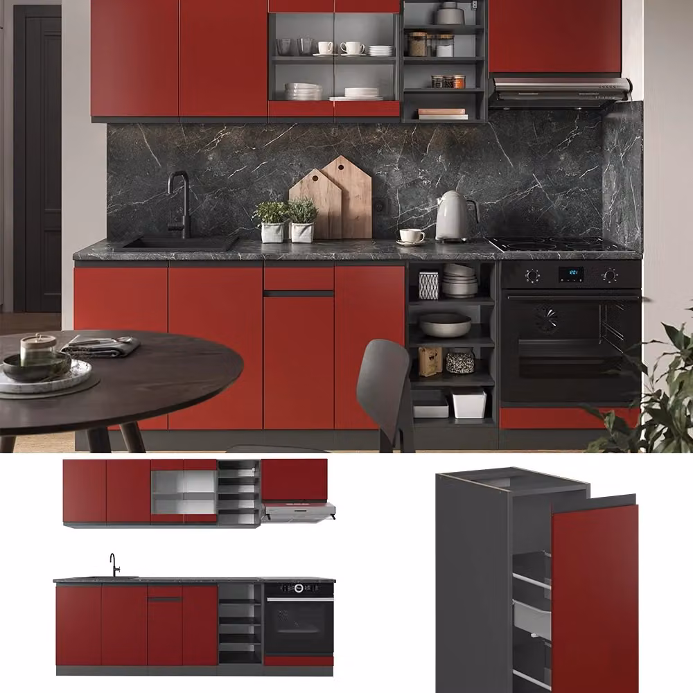 Cucina componibile moderna Vicco R-Line J-Shape in legno rosso e antracite lucido, L: 240 cm – 2