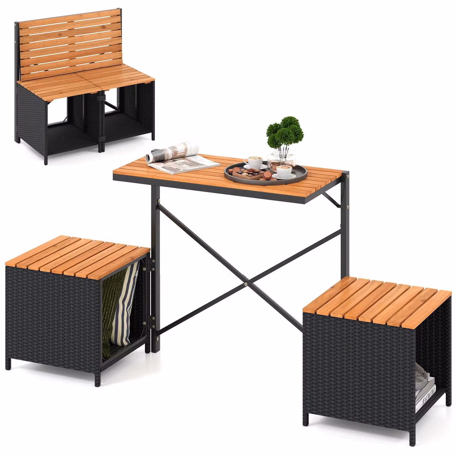 COSTWAY Panchina da giardino 2 in 1, tavolo da picnic e panchina trasformabile, set da balcone, mobili da balcone Balcone piccolo, gruppo di sedute, set di sedute