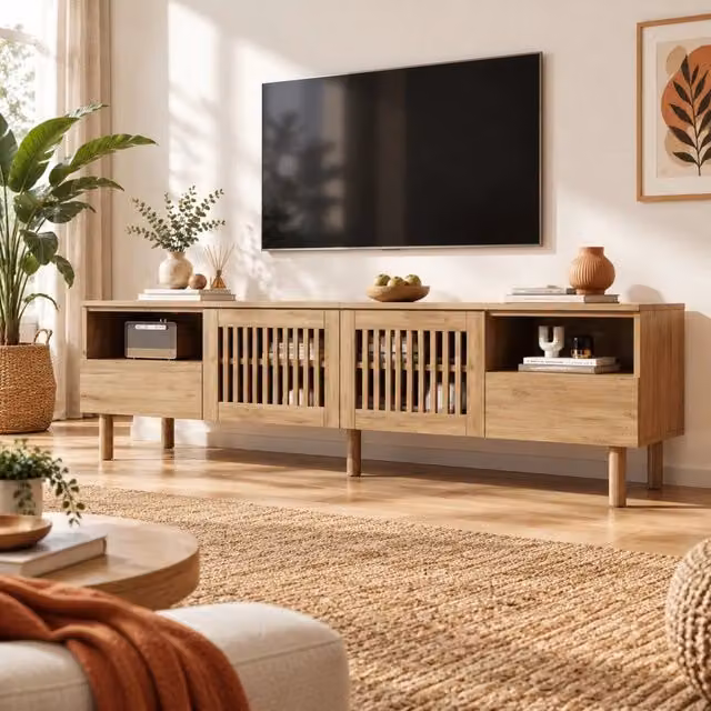 Mobile TV 180x40x51 cm in MDF con 2 ante a griglia; 2 cassetti e gambe in legno massello