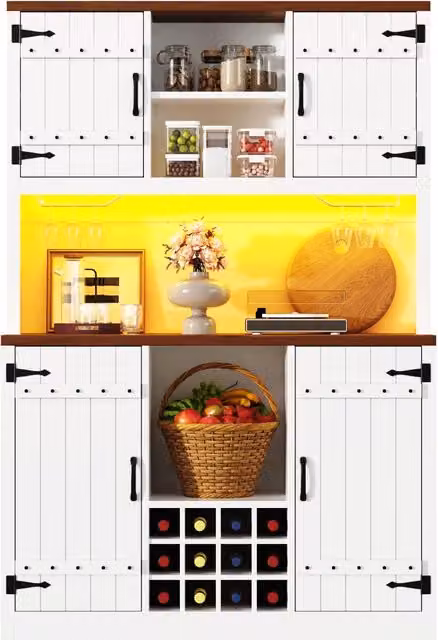 Dispensa alta 120 x 40 x 180 cm con LED RGB; portabottiglie; ripiani regolabili e ante stile fienile; bianca
