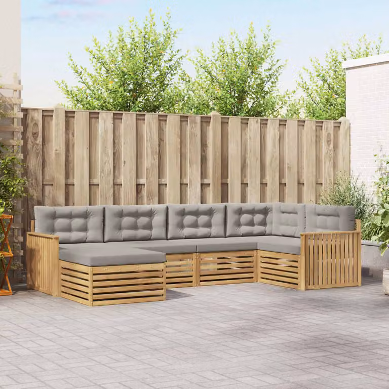 vidaXL Set di divani da esterno a L composto da 6 pezzi in legno di acacia con cuscini, Bianco e Grigio