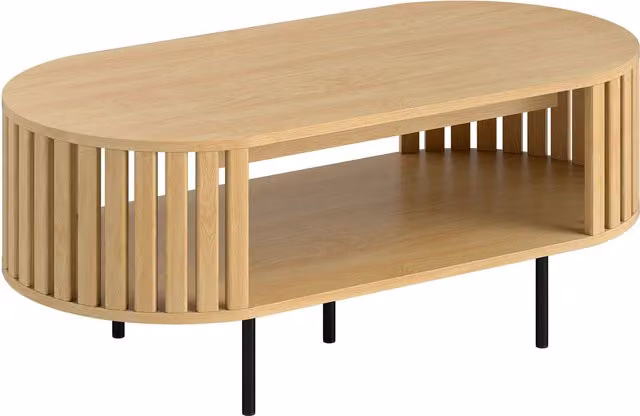 Tavolino ovale HOMCOM con vano contenitore e design a listelli in legno naturale, colore beige e marrone, L: 100 cm, P: 50 cm, H: 40 cm – 1