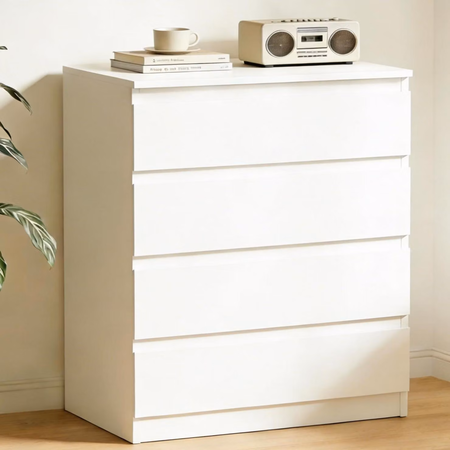 Comodino con 4 cassetti, bianco, in legno, 70x40x95 cm