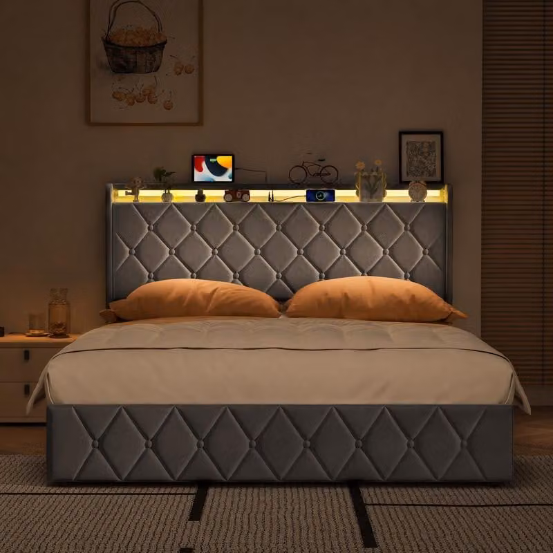 Letto imbottito UnboxG 140x200 cm con contenitore, in velluto, colore grigio, con sistema di sollevamento idraulico, illuminazione a LED, prese USB e di tipo C, e rete a doghe inclusa