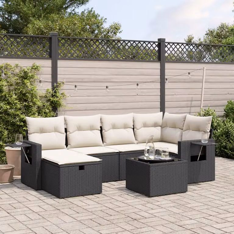 vidaXL Set Divano da Giardino a L con 7 Cuscini, Polyrattan e Acciaio Nero con Tavolino e Ottoman