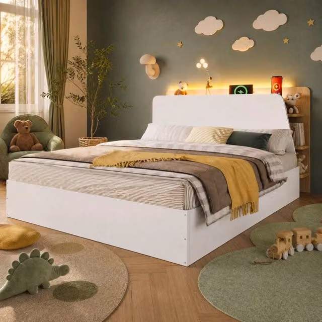 Letto 140x200 cm con vano contenitore idraulico; USB e Type-C; LED; bianco e naturale