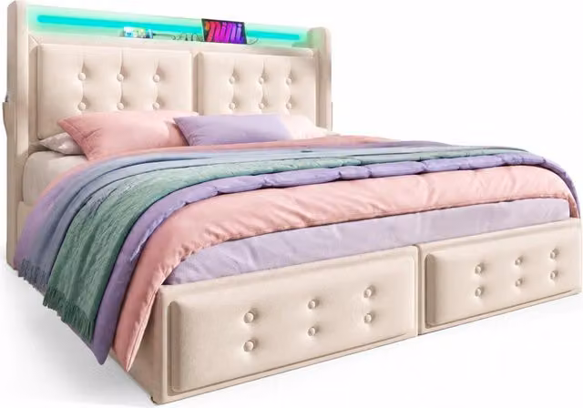 Letto matrimoniale 180x200 beige in cotone， LED， USB-C e 4 cassetti， senza materasso