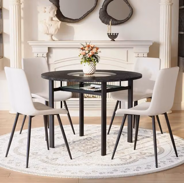 Set tavolo rotondo 100 cm in MDF effetto legno nero con 4 sedie PU bianche
