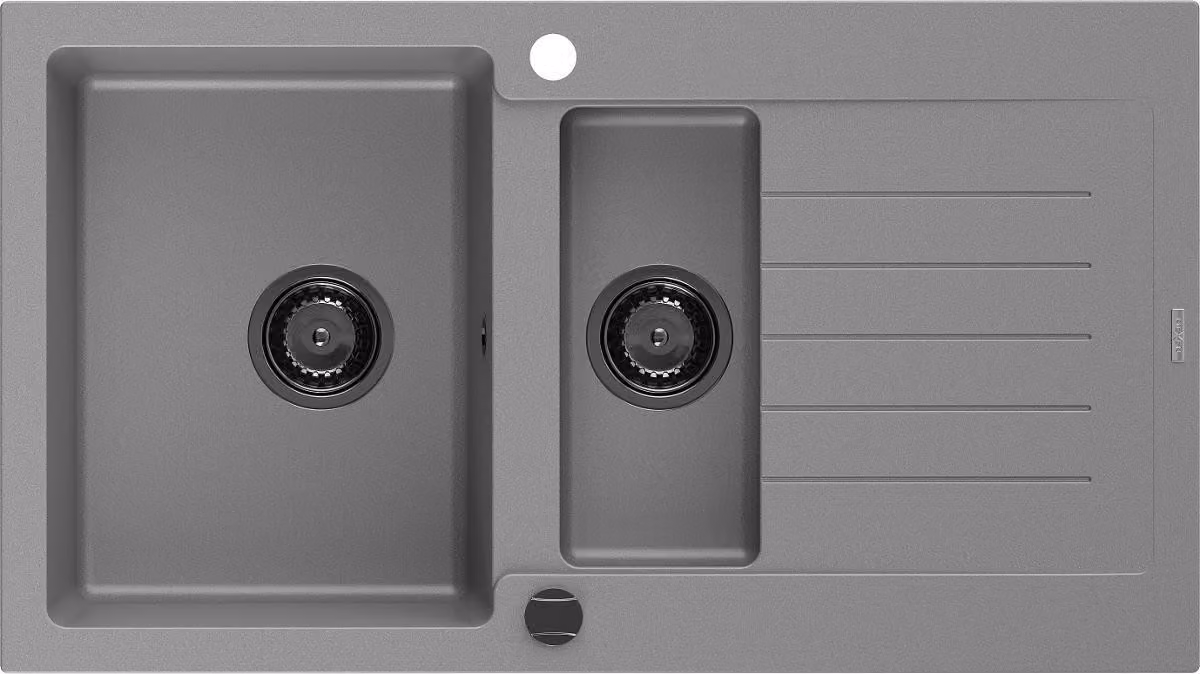 Mexen Matias lavello in granito 1,5 vasche con gocciolatoio 900 x 505 mm, grigio, sifone nero - 6502901505-71-B