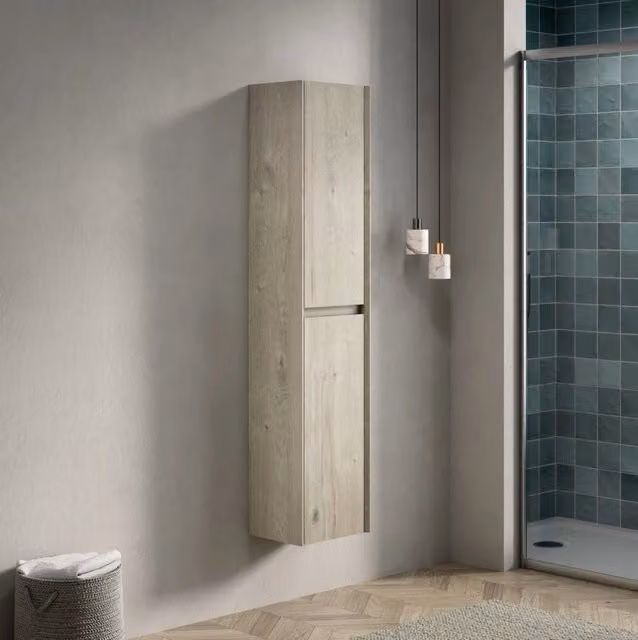 Armadio da bagno alto 140 cm con 2 ante, struttura sottile in multistrato effetto quercia crema, con ripiani regolabili