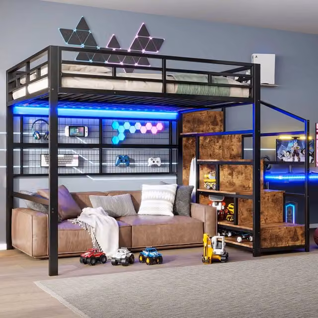 Letto a soppalco 140x200 cm con armadio; scala contenitore e LED a 7 colori; in metallo e MDF; nero