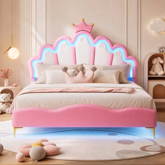 Letto matrimoniale 140x200 cm con testiera a corona; LED regolabili; PU rosa