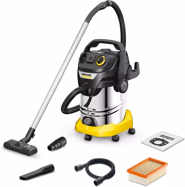 Aspiratutto industriale Karcher KWD 6 P S V con serbatoio in acciaio inox giallo da 30 l e presa per elettroutensili
