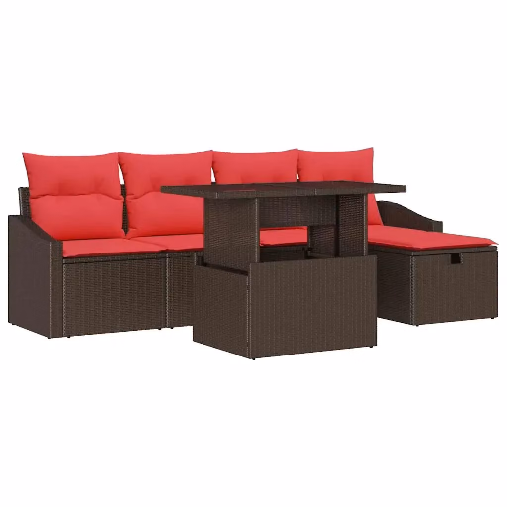 Set Divano da Giardino a L vidaXL in Polyrattan con Tavolino e Ottoman, 6 Pezzi, Nero e Rosso – 2