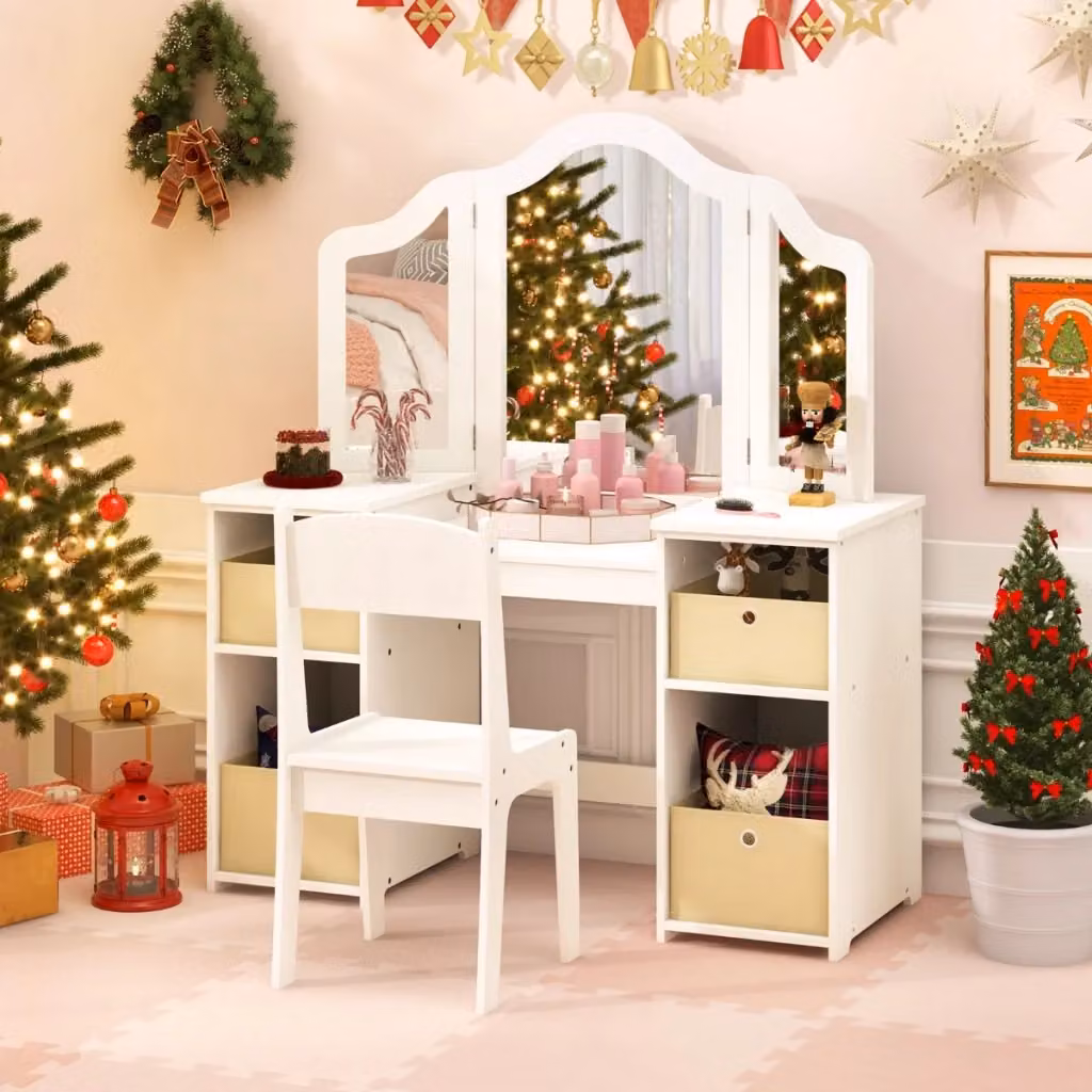 Toeletta da trucco per bambini con sgabello e 3 specchi rimovibili, set da gioco principessa in MDF bianco e trasparente – 2