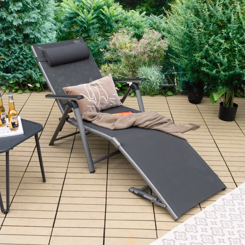 Lettino a sdraio pieghevole in alluminio verniciato grigio con tessuto textilene e poggiatesta regolabile per giardino e terrazza – 2