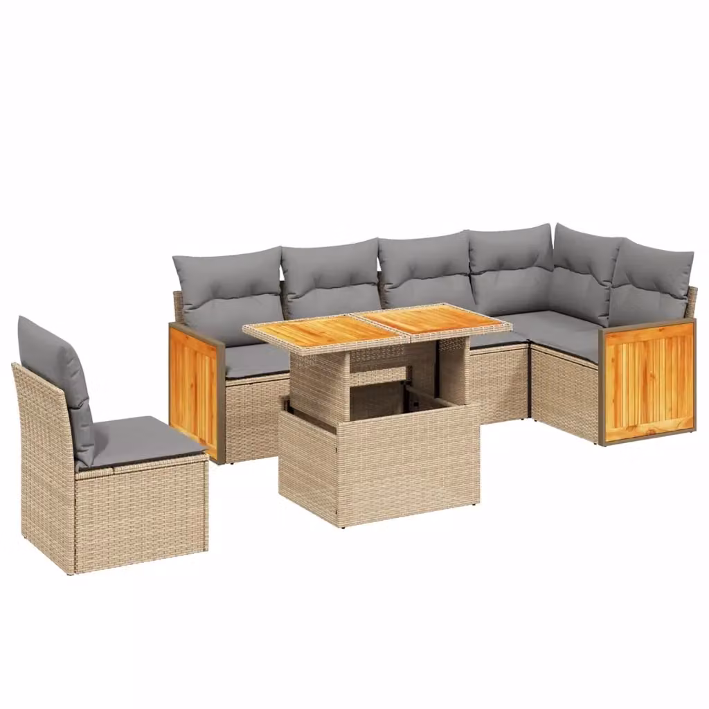 Set di divani da giardino vidaXL a forma di L composto da 7 pezzi in polyrattan con cuscini beige e tavolino da esterno – 2