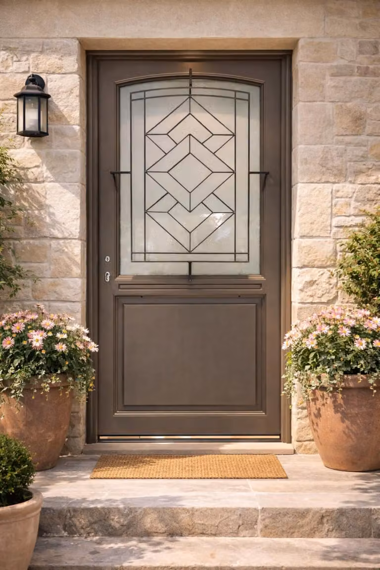 Porta d'ingresso in legno con vetrata Elodie Grigio Quarzo, H.215xL.90 cm, lato tavolo P. dritto, maniglia, cilindro grande, ferramenta di alta qualitÃ