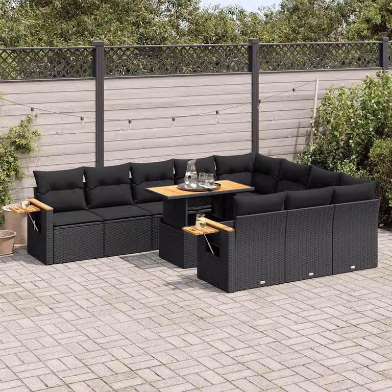 Set di divani da giardino vidaXL 11 pz in polyrattan e legno di acacia nero con cuscini e tavolino da esterno a forma di U