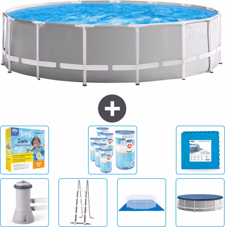 Piscina Intex Round Prism Frame - 457 x 122 cm - Grigio - inclusa pompa - scaletta - telo di fondo - pacchetto di manutenzione della copertura - filtro - piastrelle per il pavimento