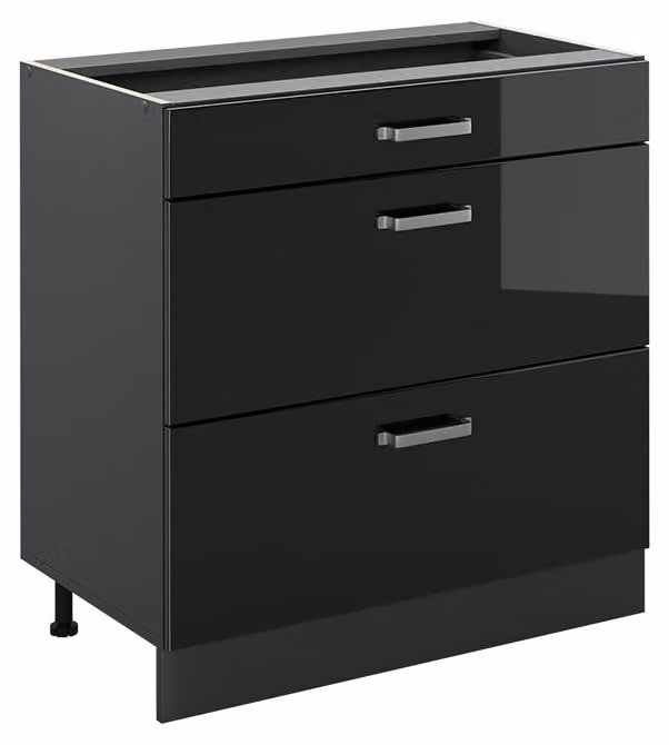 Mobiletto base per cucina Vicco R-Line Nero lucido/Antracite 80 cm con 3 cassetti senza piano di lavoro, Model 72411