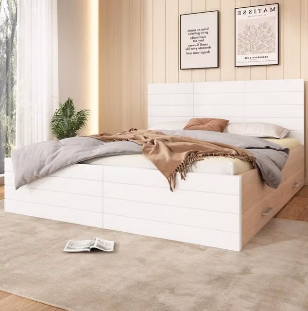 Letto matrimoniale 160×200 cm in legno massiccio con 2 cassetti, struttura e rete in MDF e legno, bianco e rovere, senza materasso
