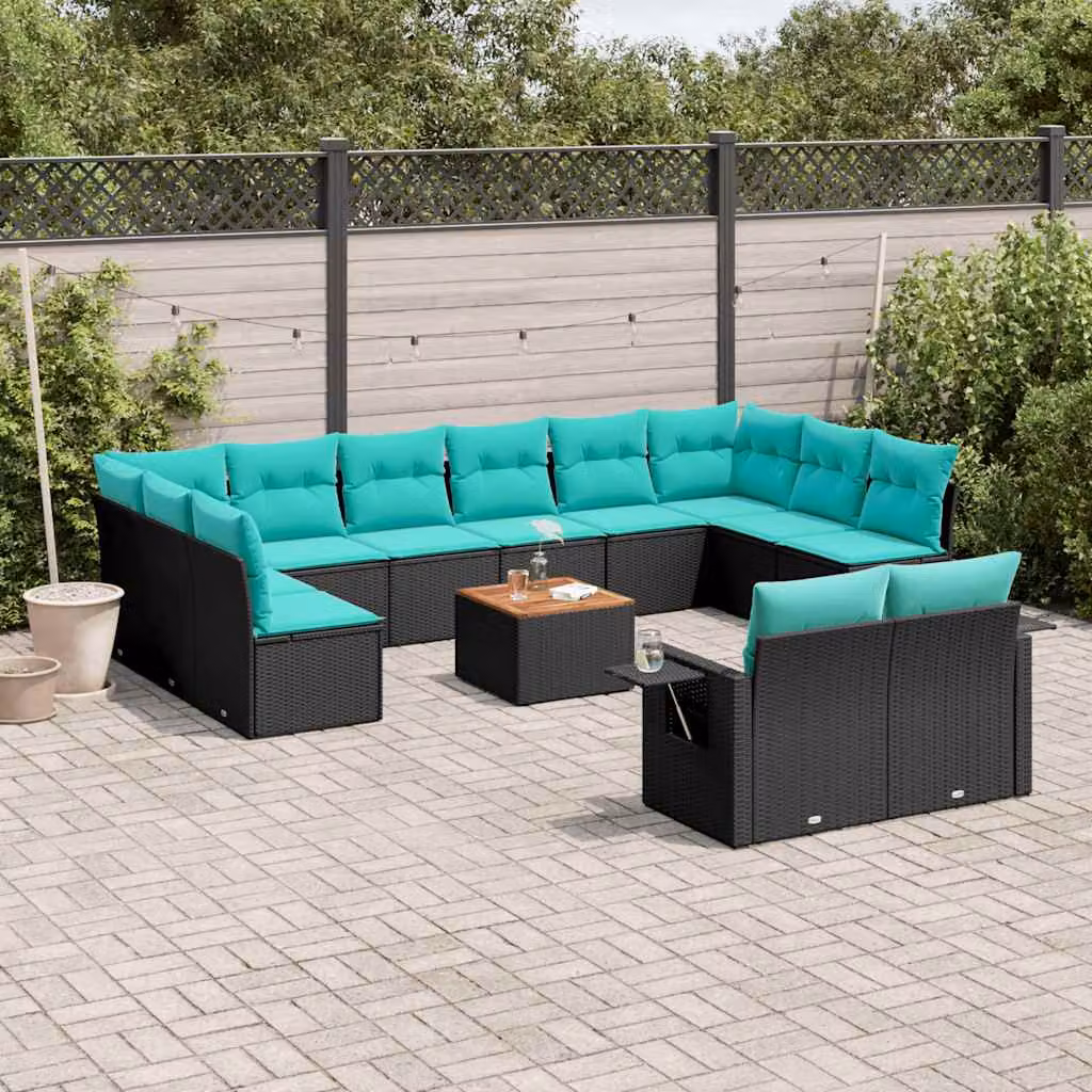 Set di divani da giardino vidaXL in polyrattan nero con cuscini e tavolino da esterno a forma di U