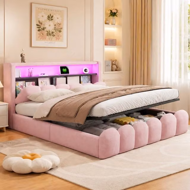 Letto contenitore 180x200 cm; matrimoniale con contenitore idraulico; testiera contenitore; LED; USB e Type-C; velluto; rosa