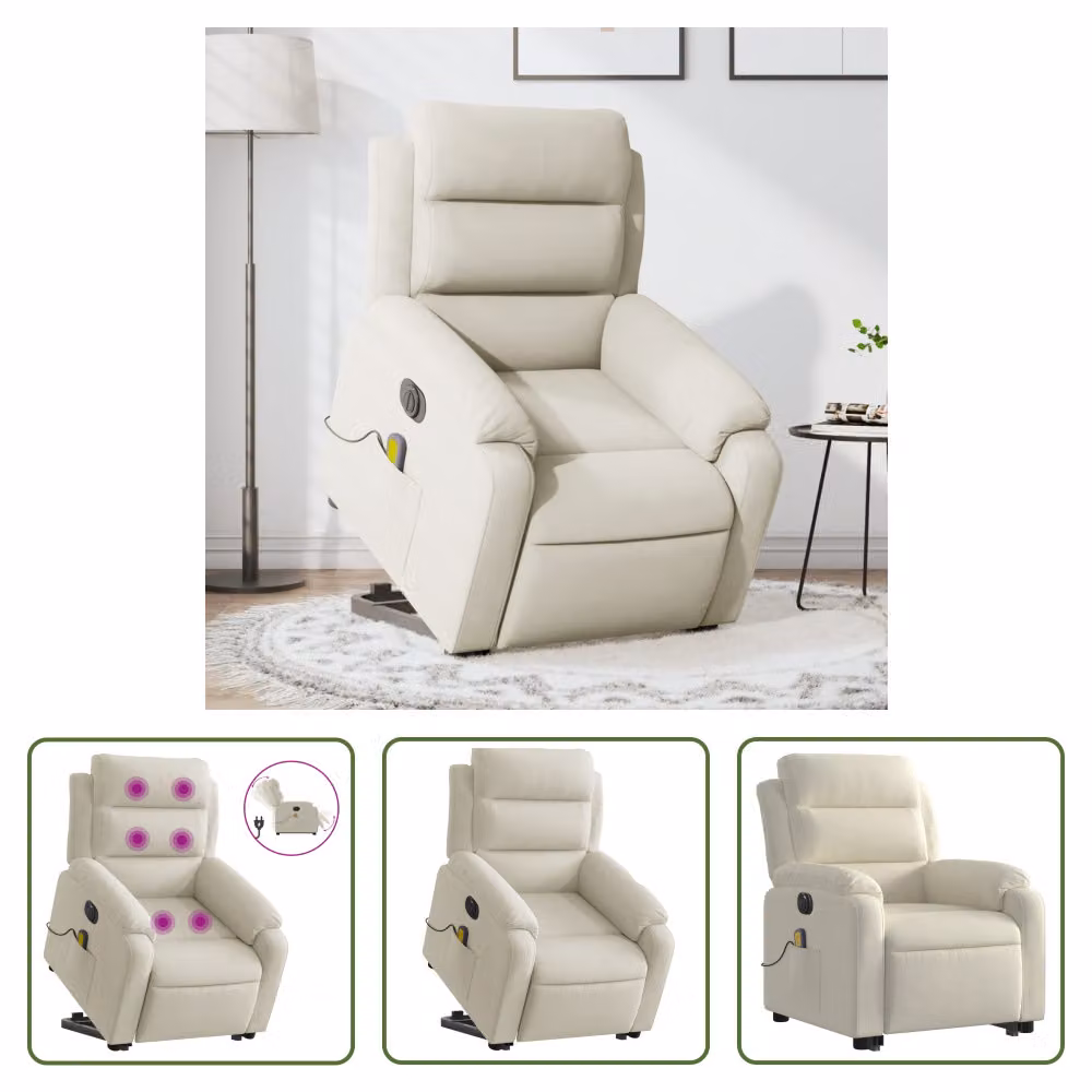The Living Store Sedia massaggiante con supporto in piedi elettrica in velluto crema