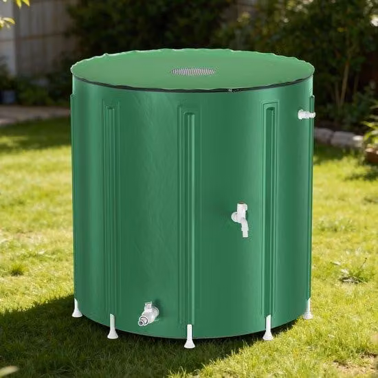 Serbatoio per l'acqua piovana in PVC da 750 litri, verde, con attacco per tubo flessibile – Ampio sistema di raccolta dell'acqua piovana per il giardino