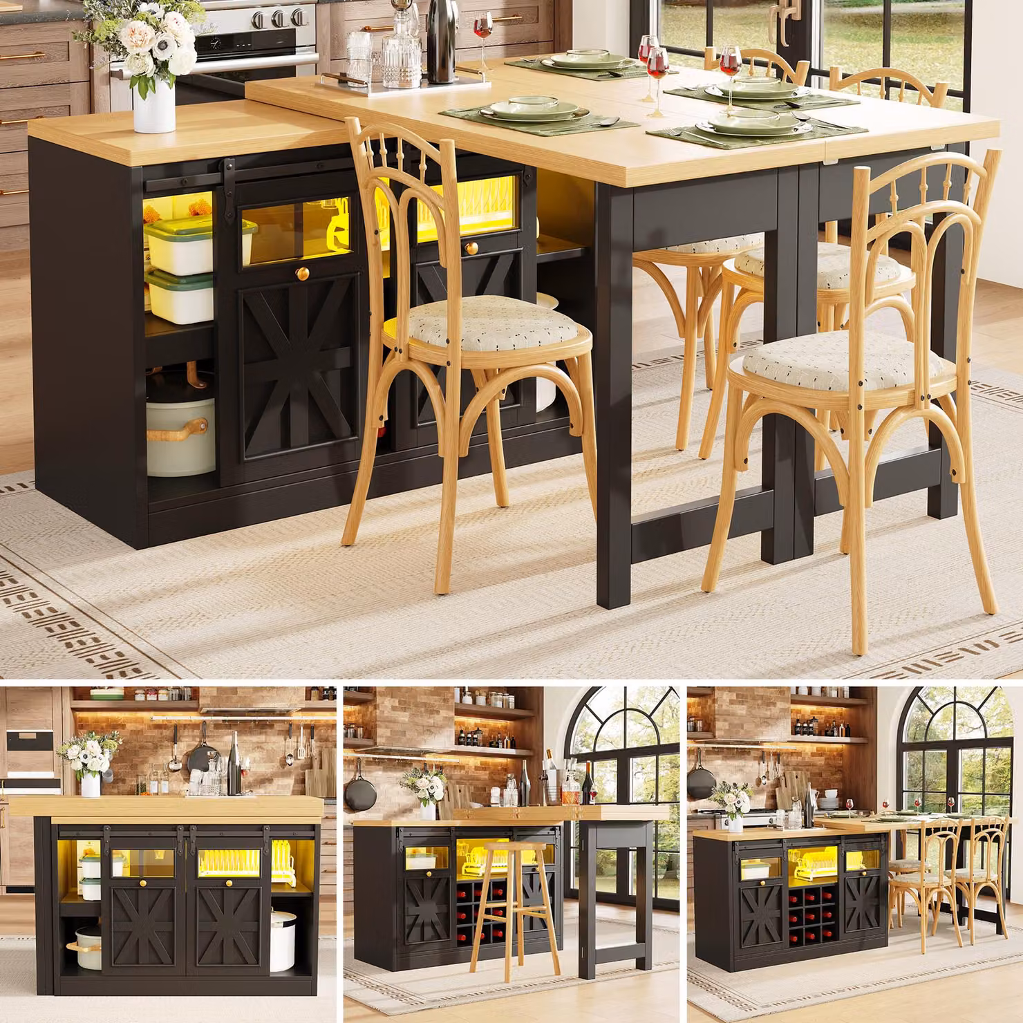 Tavolo da pranzo e pensile laterale combinati, rotazione a 360°, illuminazione colorata intelligente, design moderno, salvaspazio, ideale per cucina/sala da pranzo