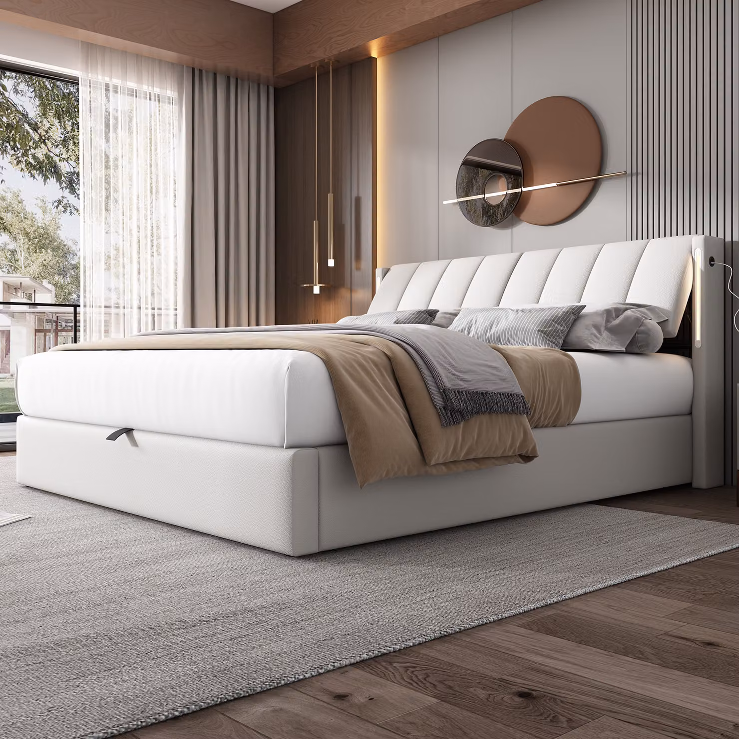 Letto imbottito STILVORA 160x200 cm con contenitore idraulico e testiera regolabile, letto per ragazzi con illuminazione a LED e contenitore, bianco (senza materasso)