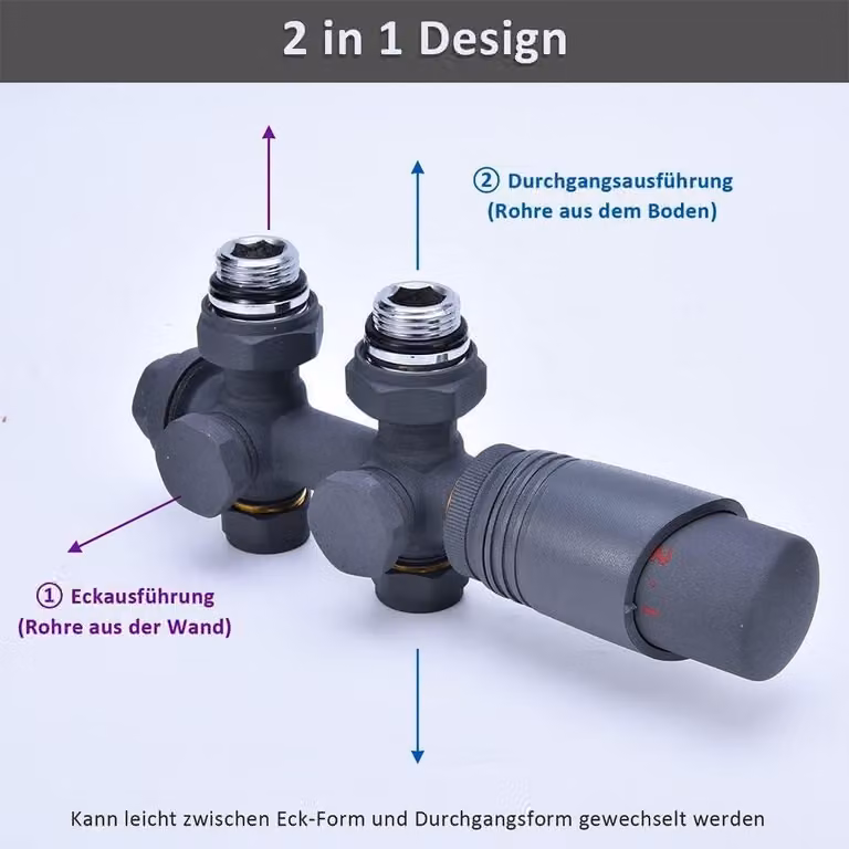 Set di termostati per radiatori, disponibili in versione angolare e a passaggio, con filettatura G1/2" e G3/4", con range di temperatura da 0 a 28°C, colore antracite, adatti per bagni