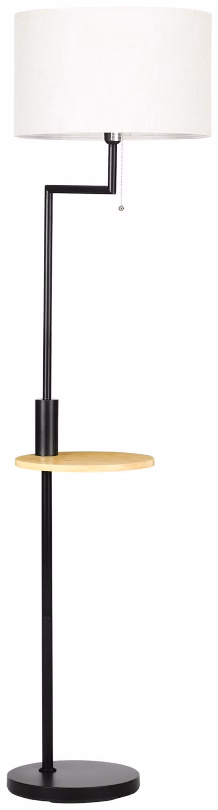 Lampada da Terra con Mensola Integrata in Bambù Paralume in Tessuto Effetto Lino Base in Acciaio Nero e Beige