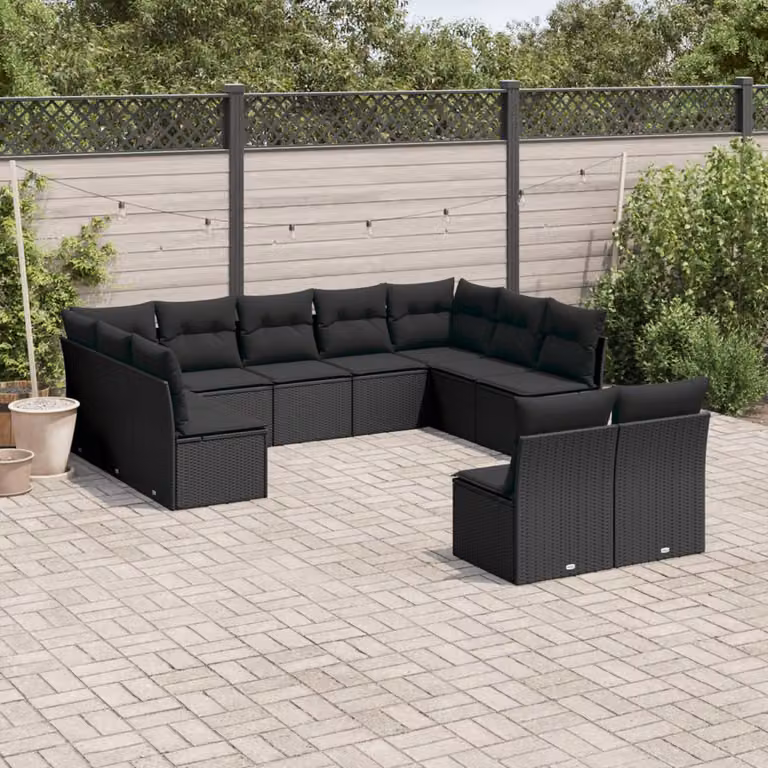 vidaXL Set Divani da Giardino 11 pz a Forma a L con Cuscini in Polyrattan e Struttura in Metallo Nero