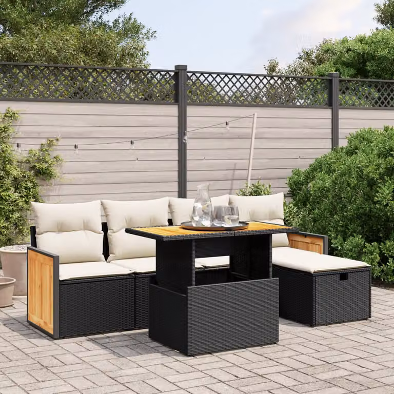 vidaXL Set Divano da Giardino a L 6 pz in Polyrattan Nero con Cuscini e Tavolino da Esterno