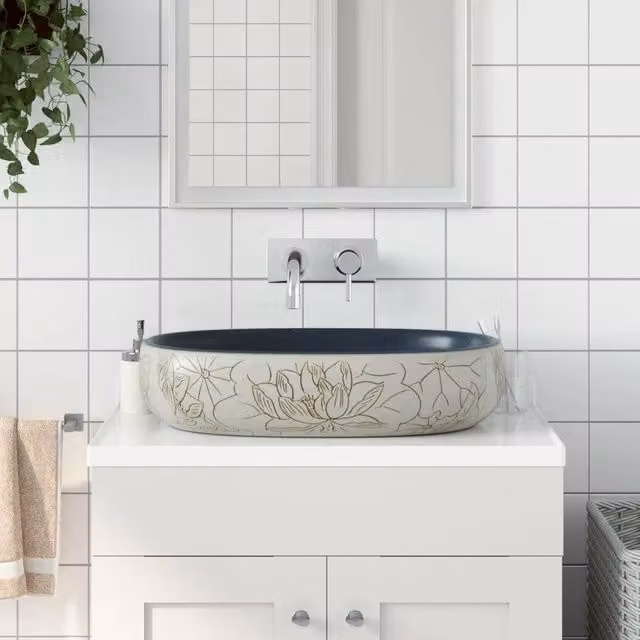 Lavabo da appoggio ovale vidaXL in ceramica beige e blu L: 59 cm, P: 40 cm, H: 14 cm – 1