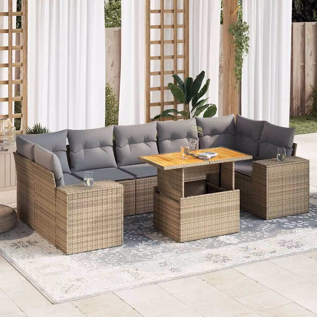 Set Divano da Giardino vidaXL 8 pz in Polyrattan e Legno di Acacia con Cuscini Beige e Grigio