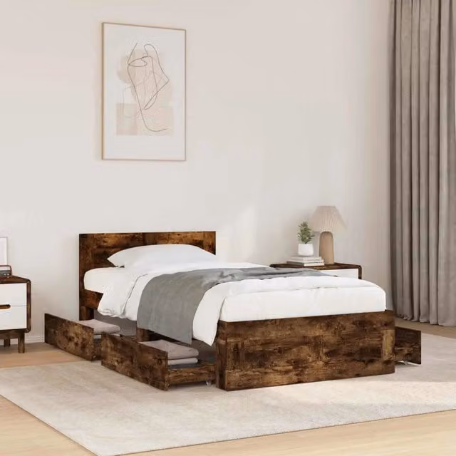 Struttura del letto moderna vidaXL in legno ingegnerizzato color rovere fumo con cassetti L: 200 cm, P: 83 cm, H: 69 cm