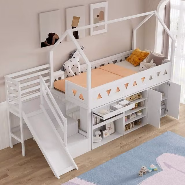 Letto Singolo per Bambini ¨C Minimal ¨C Bianco in Legno Massello di Pino con Cassetti, Rampa e Scale 90x200cm