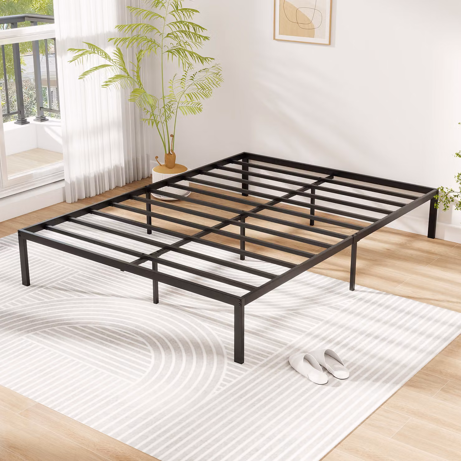 Struttura letto in metallo Costway con doghe fisse e cassetti contenitori, colore nero, stile minimalista