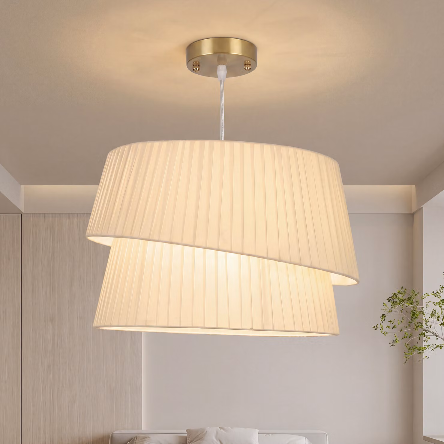 Lampada a sospensione HOMCOM con paralume doppio in tessuto bianco e dettagli oro, altezza regolabile, ideale per camera da letto o sala da pranzo – 2