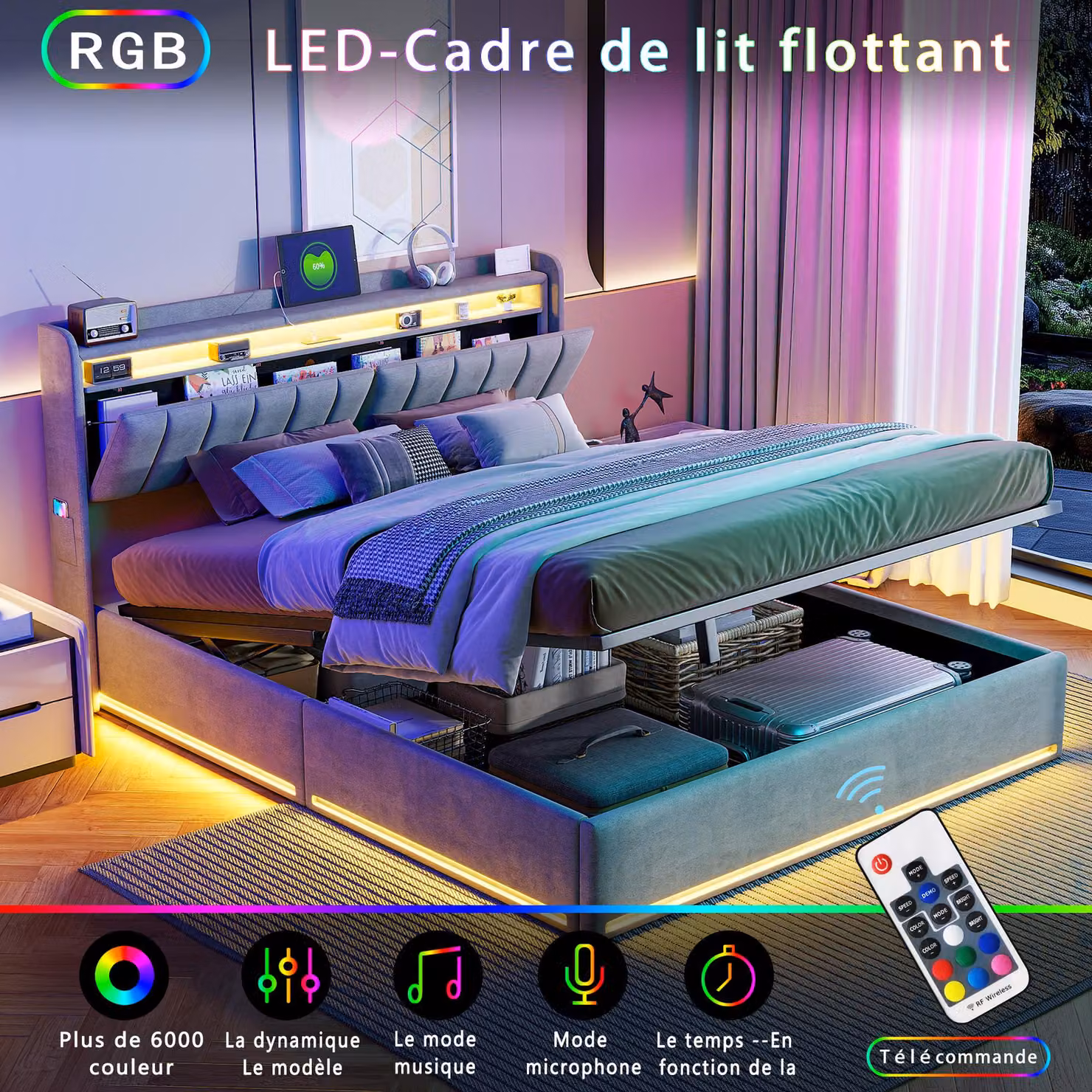 Letto Moonbite con contenitore, 140x190 cm, rivestito in velluto grigio – dotato di porta USB, luci LED regolabili e ampio spazio contenitivo nella parte inferiore