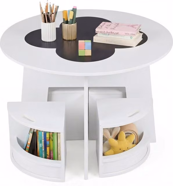 Set tavolo e sedie da gioco per bambini composto da 5 pezzi con ripiano di stoccaggio, tavolo rotondo moderno in MDF bianco