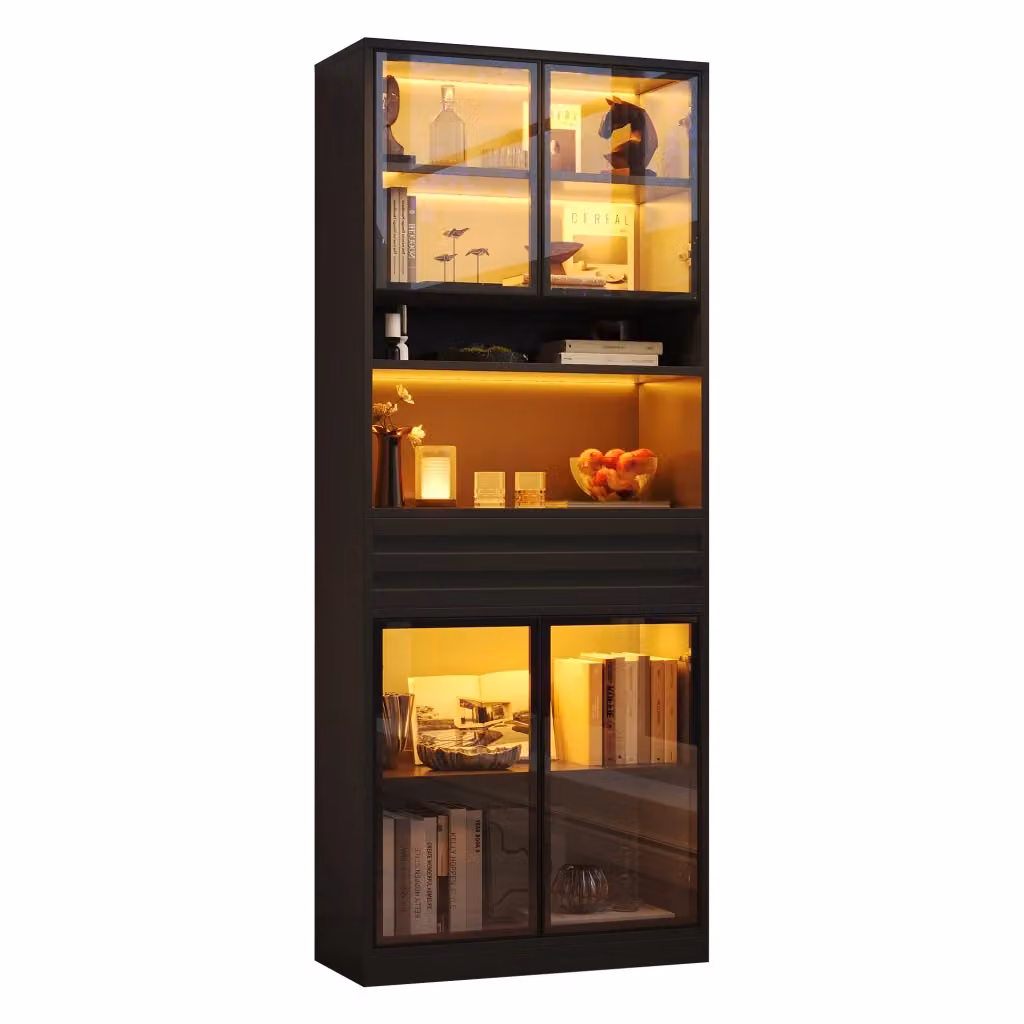 Vetrina Chicfurn moderna per soggiorno in MDF nero con 4 ante in vetro, 1 cassetto e illuminazione LED controllabile tramite app, L/P/H: 80 x 35 x 200 cm – 2