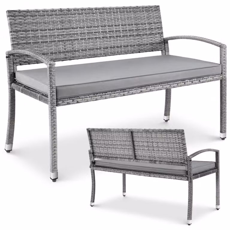 Panca da giardino per 2 persone, in rattan sintetico, resistente agli agenti atmosferici, colore grigio, dimensioni 122x60x90 cm