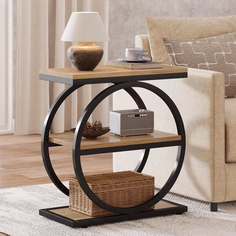 Tavolino laterale con 3 ripiani, struttura in metallo e piano in legno effetto quercia, stile industriale